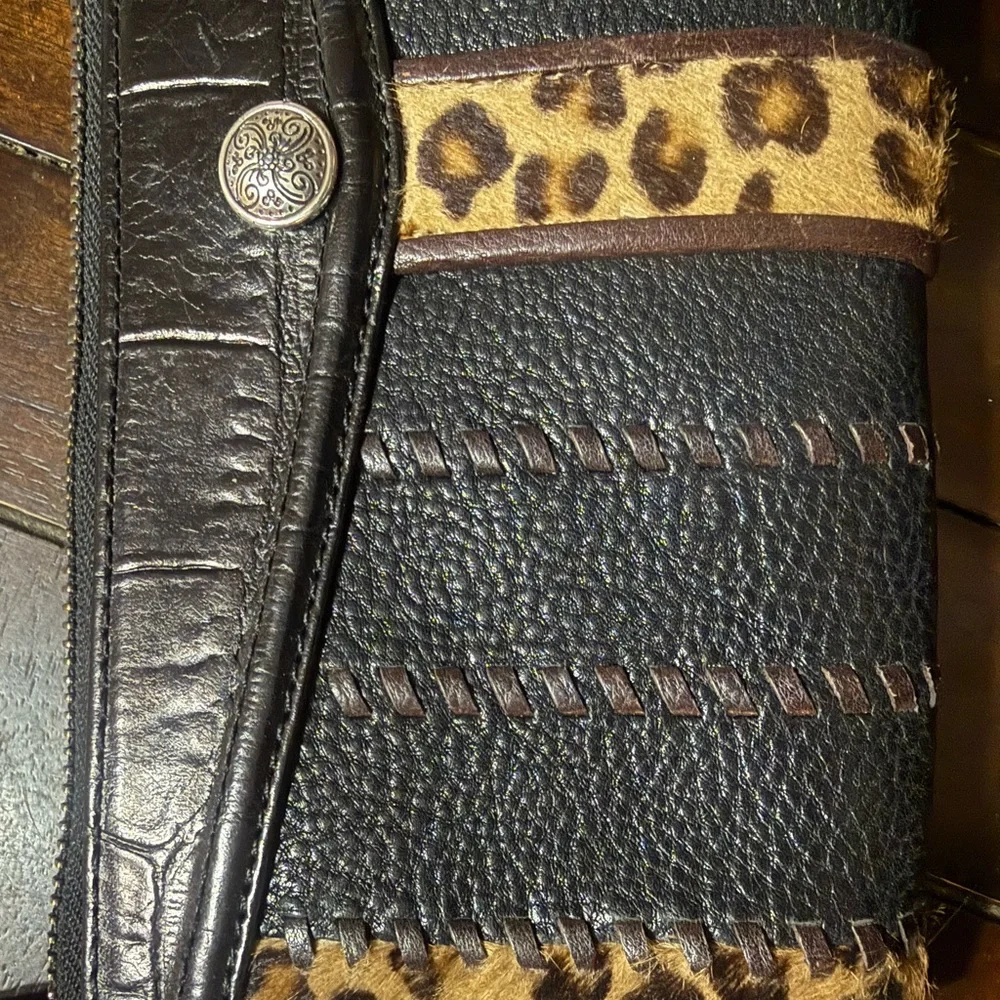 Brighton Black Leather & Leopard Haircalf Zip Card Holder